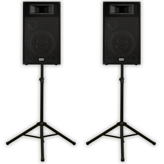 Acoustic Audio BR12 Passive 12" Speaker Pair and Stands 3-Way DJ PA Karaoke Speakers