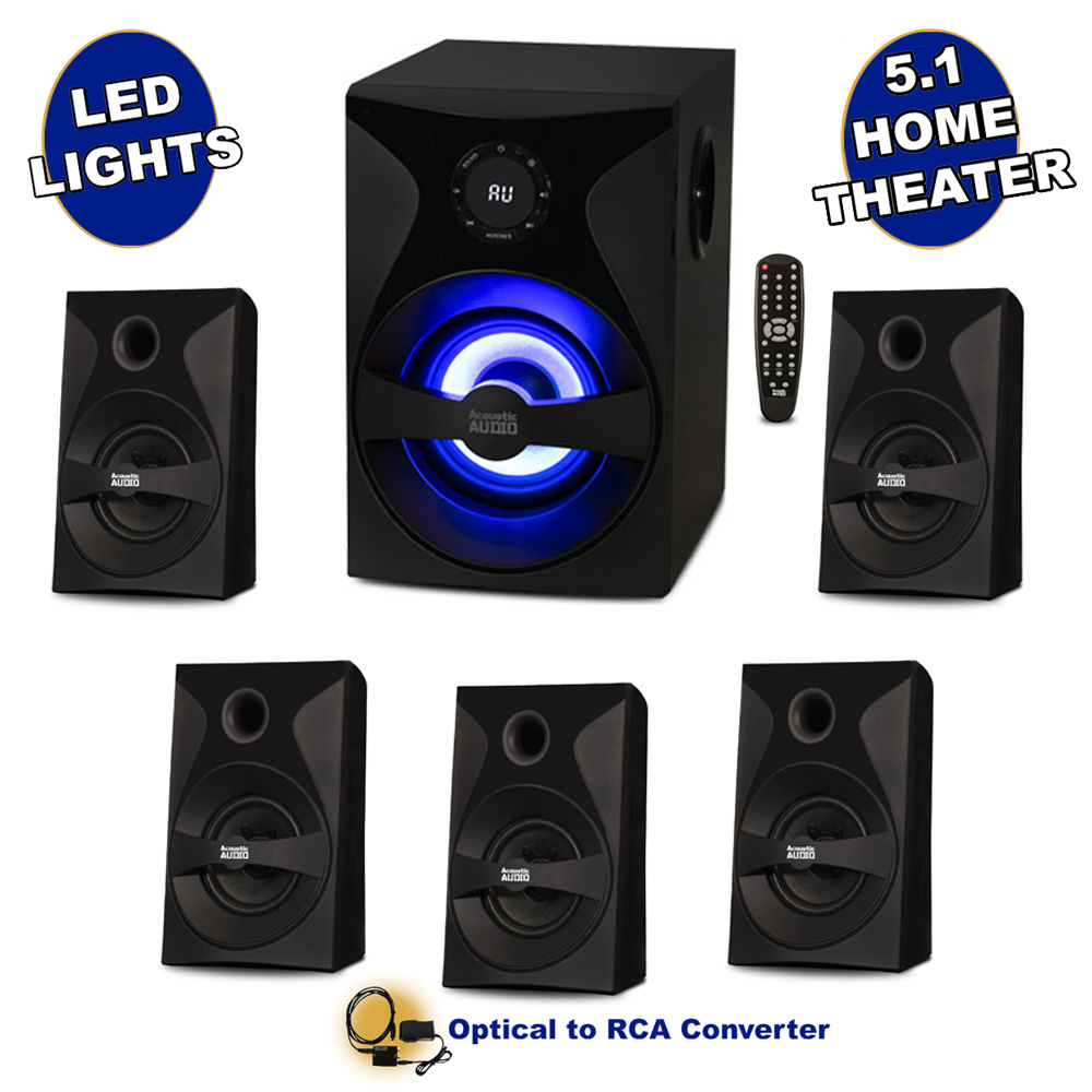 Acoustic Audio Bluetooth 5.1 Speaker System with Sub Light FM and Optical Input Home Theater 6 Speaker Set - image 1 of 7