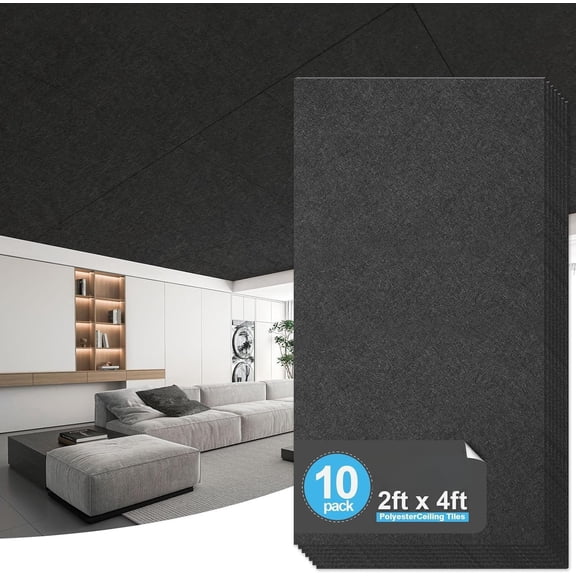 Acoustic Drop Ceiling Tiles 2ft x 4ft, 10-Pack | Polyester Ceiling Panels for Office Basement Kitchen Recording Room, ,Covers 80 Sq.Ft