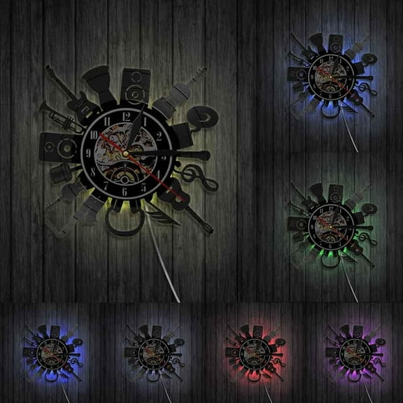 Acoustic Electric Guitar Wall Art Decor Wall Clock Punk Rock n Roll Heavy Metal Music Vinyl Record Wall Clock Music Band Gift With LED