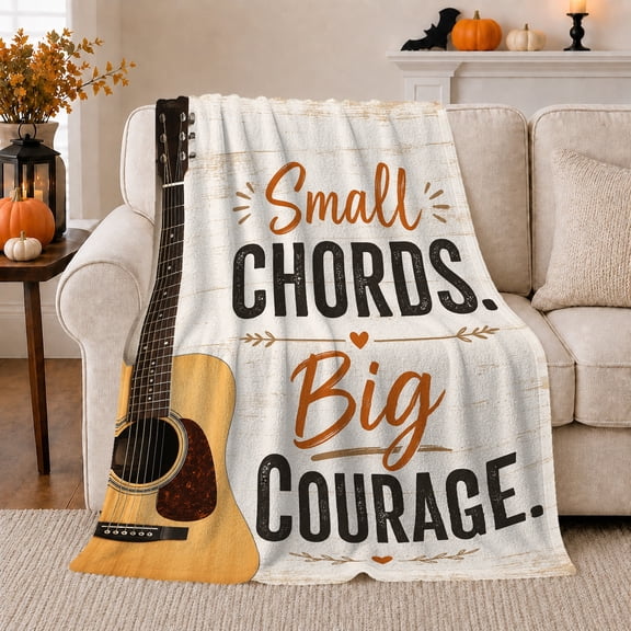 Acoustic Guitar Beside Bold Inspirational Lettering, Soft Flannel Blanket with Rustic Typography Collage Print, Housewarming Gift and Home Decor for Bedroom and Living Room