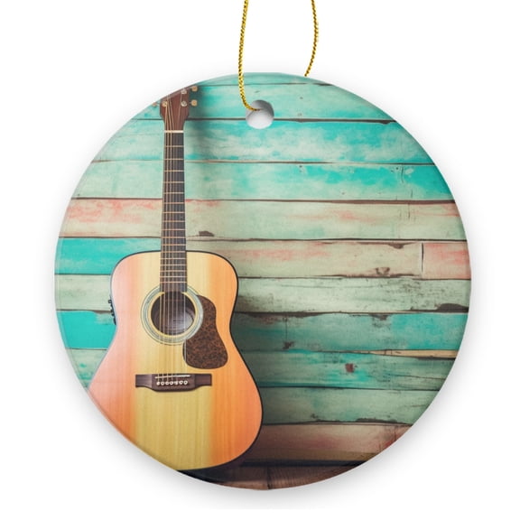 Acoustic Guitar on Colorful Painted Wooden Planks - Christmas Ornament Xmas Keepsake Ceramic Ornaments Holiday Decorations for Tree Christmas Gift Ideas 2.95in