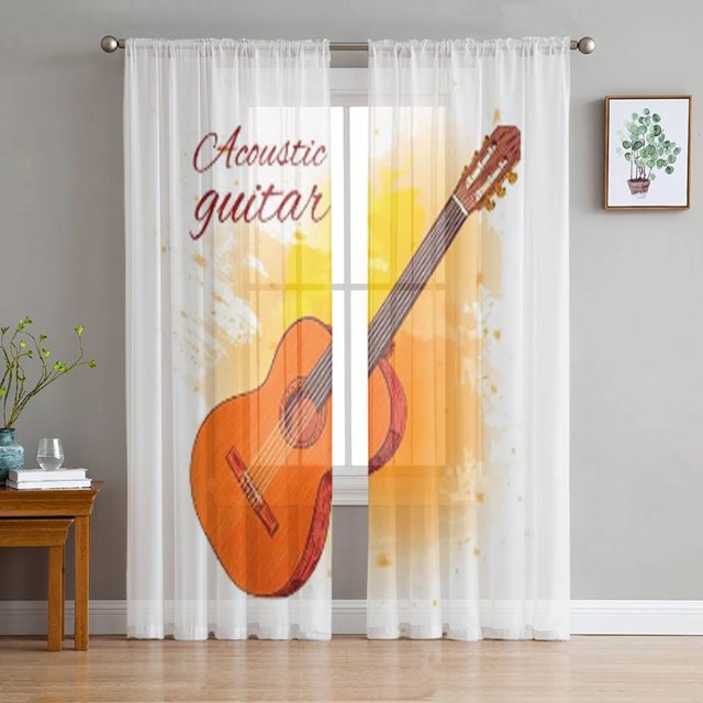 Acoustic Guitar On Yellow Paint Splash Tulle Sheer Curtains for Living