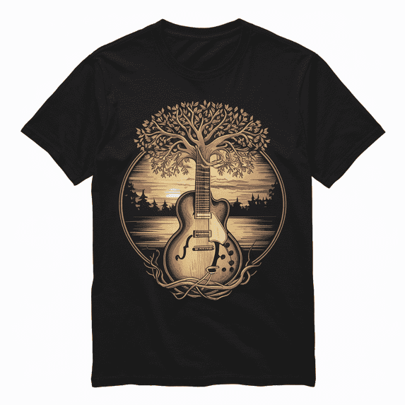 Acoustic Guitar Tree In Sunset - Guitar T-Shirt