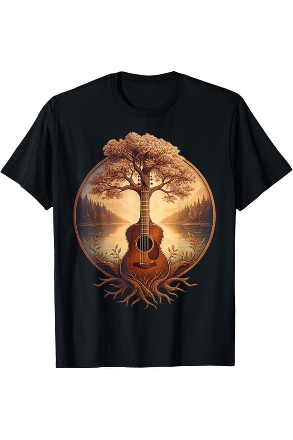 Acoustic Guitar Tree Lake Country Music Design T-Shirt