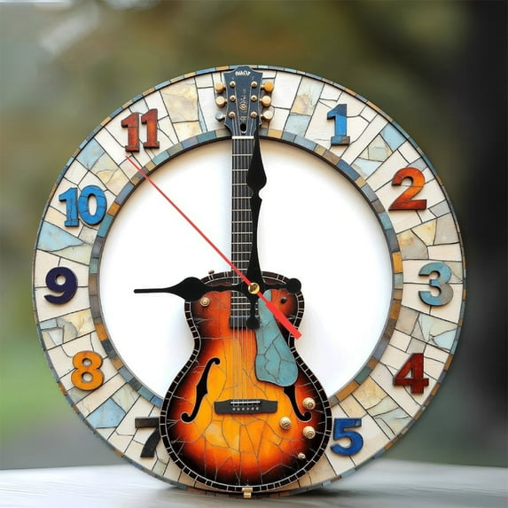 Acoustic Guitar Wall Clock Home Decor 10-Inch Silent Wooden Wall Clock, Battery Operated (AA Batteries Not Included), Artistic Home Decor