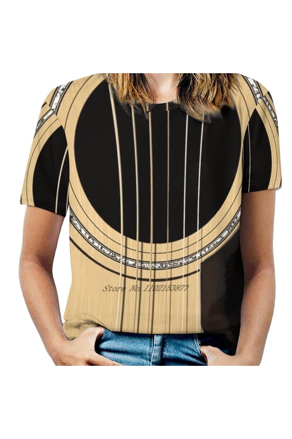 Acoustic Guitar Women V Neck T-Shirt Casual Sexy T Shirts Hollow Out Zipper Pullover Top Guitar Music Strings Entertainment