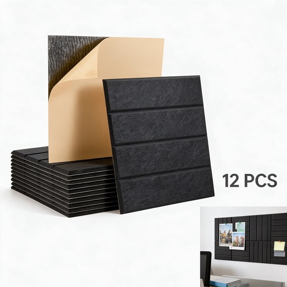 Acoustic Panels 12 Pack, Self Adhesive Polyester Fiber Sound Absorbing Tiles for Office and Studio, Noise Reducing Wall Board (Black)