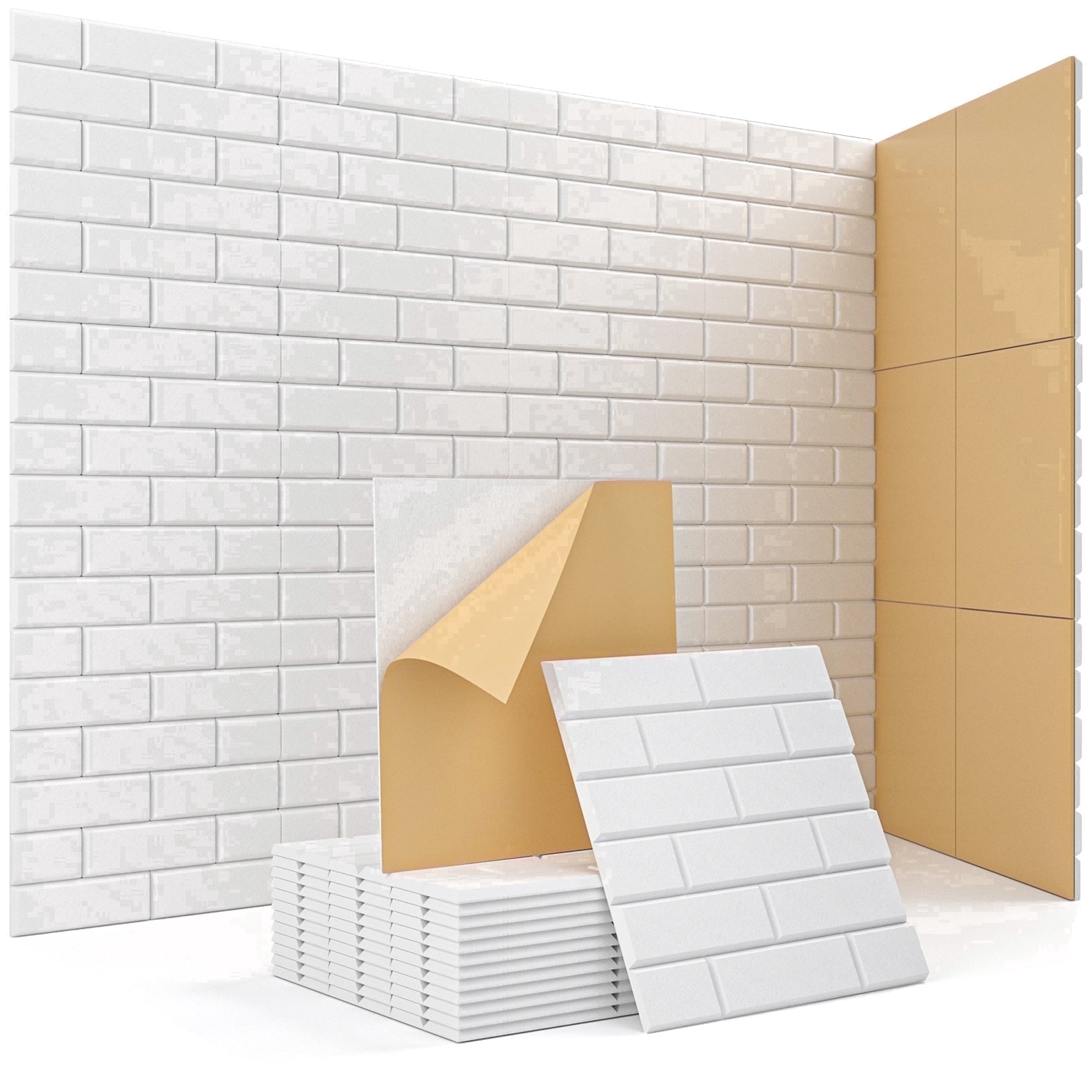 Kuchoow Acoustic Panels 12 Pack Self-Adhesive Sound Panels for Studio Walls, Ceilings & Doors, High Density Brick Type Sound Absorbing Panel for Gaming Room Bedroom White 12" x 12" x 0.4"
