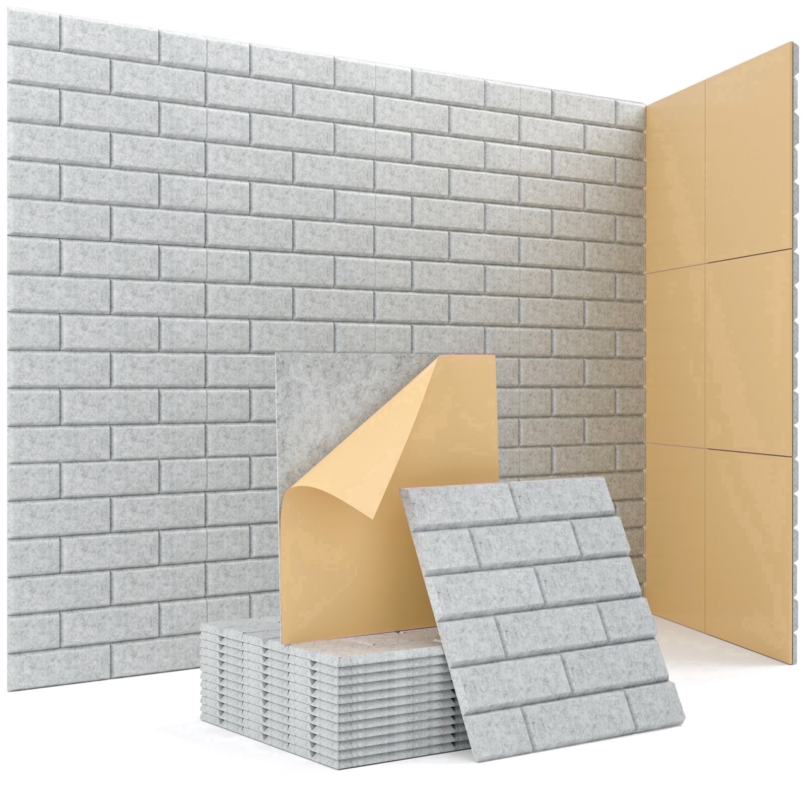 Kuchoow Acoustic Panels 12 Pack Self Adhesive Sound Absorbing Panels for Studio Wall & Ceiling, Brick Style Sound Panels for Home Room Office Gray 12" x 12" x 0.4"