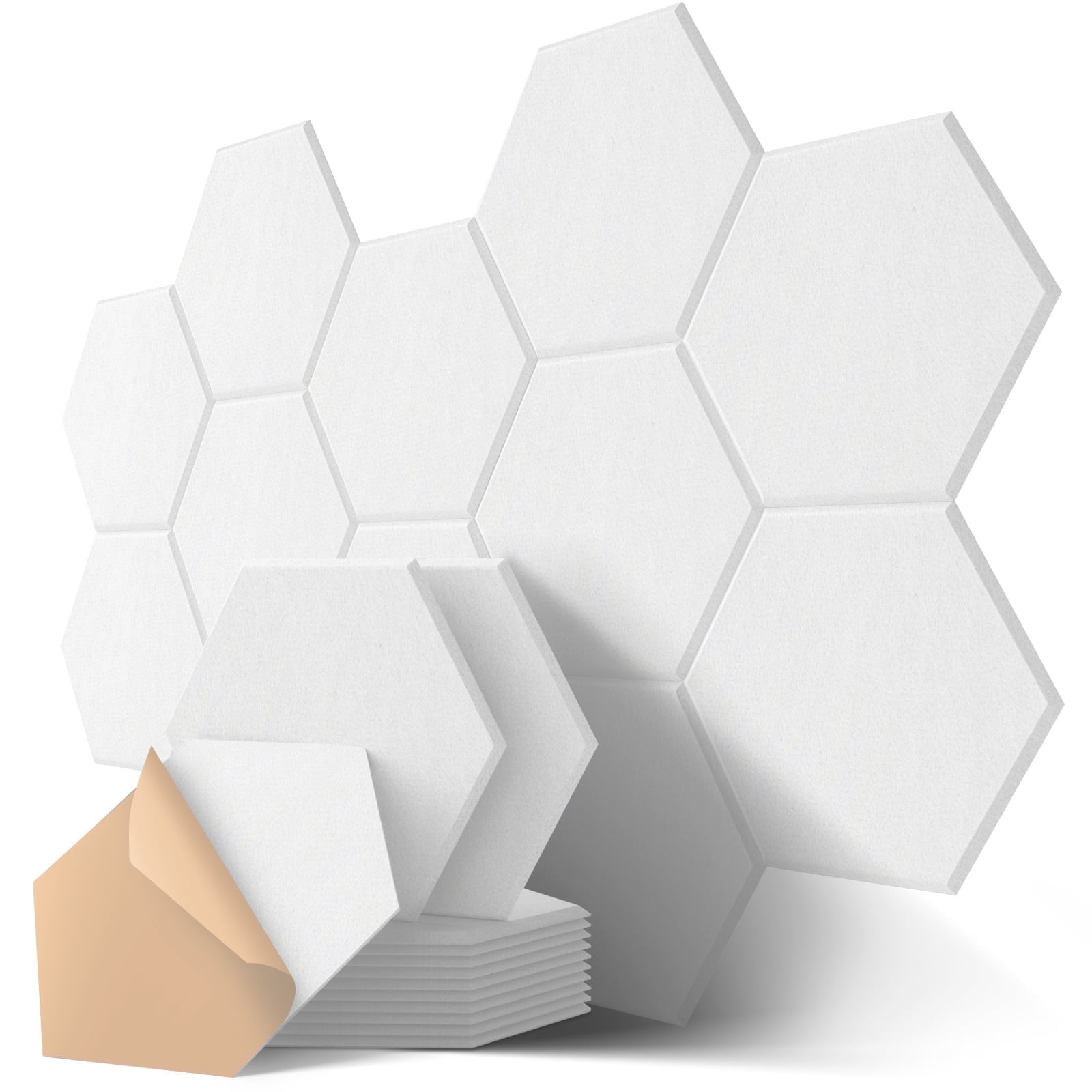 Kuchoow White Self-Adhesive Acoustic Wall Panels Sound Absorbing Panel for Studio, 12 Pack 12'' x 10'' x 0.4'' Hexagon High Density Sound Panel and Noise Reducing Tiles for Room Bedroom