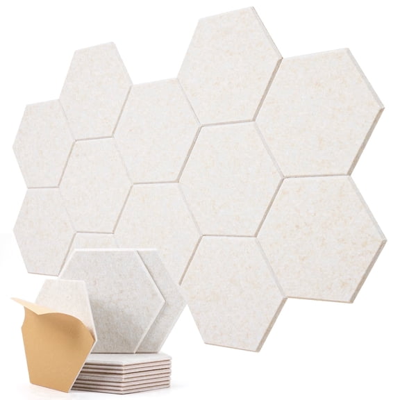 Kuchoow 12 Pack Self-Adhesive Acoustic Panels Sound Absorbing for Studio Wall, Hexagon High Density Beige Sound Panel for Office Home 12 x 10 x 0.4 Inch