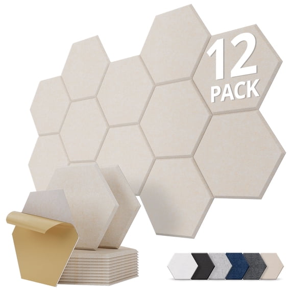 Kuchoow 12 Pack Acoustic Panels Sound Absorbing Panel for Recording Studio Walls, Hexagon Self-Adhesive Sound Panel and Noise Cancelling Tiles for Room Bedroom Beige 12'' x 10'' x 0.4''