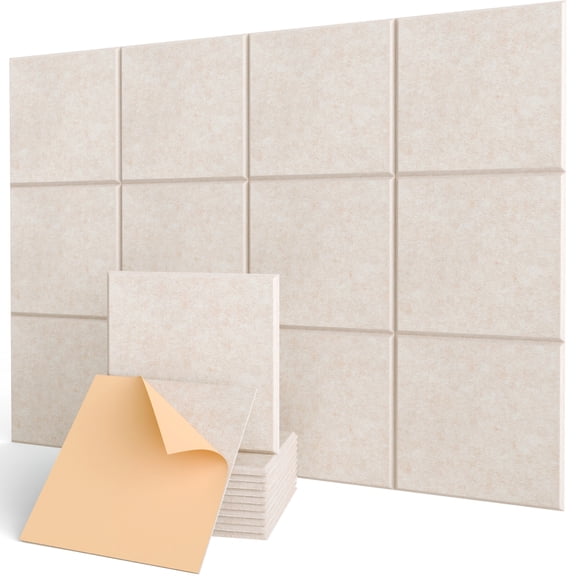 Kuchoow Acoustic Panels Self Adhesive Sound Absorbing Panel for Studio, High Density Sound Panels Acoustical Treatments Wall Tiles For Home Office Gaming Room, 12 Pack Beige 12"x12"x0.4"