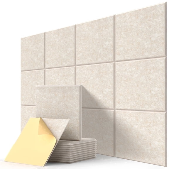 Kuchoow 12 Pack Acoustic Panels Beige Sound Absorbing Panel with Self Adhesive for Studio, High Density Sound Panels Acoustical Treatments Wall Tiles For Home Office Square 12"x12"x0.4"