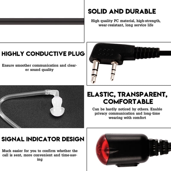 Acoustic Tube Radio Earpiece with PTT Mic Indicator Light, Clear Sound Walkie Talkie Headset 2 Pin, 59 In / 150 cm Cable Length