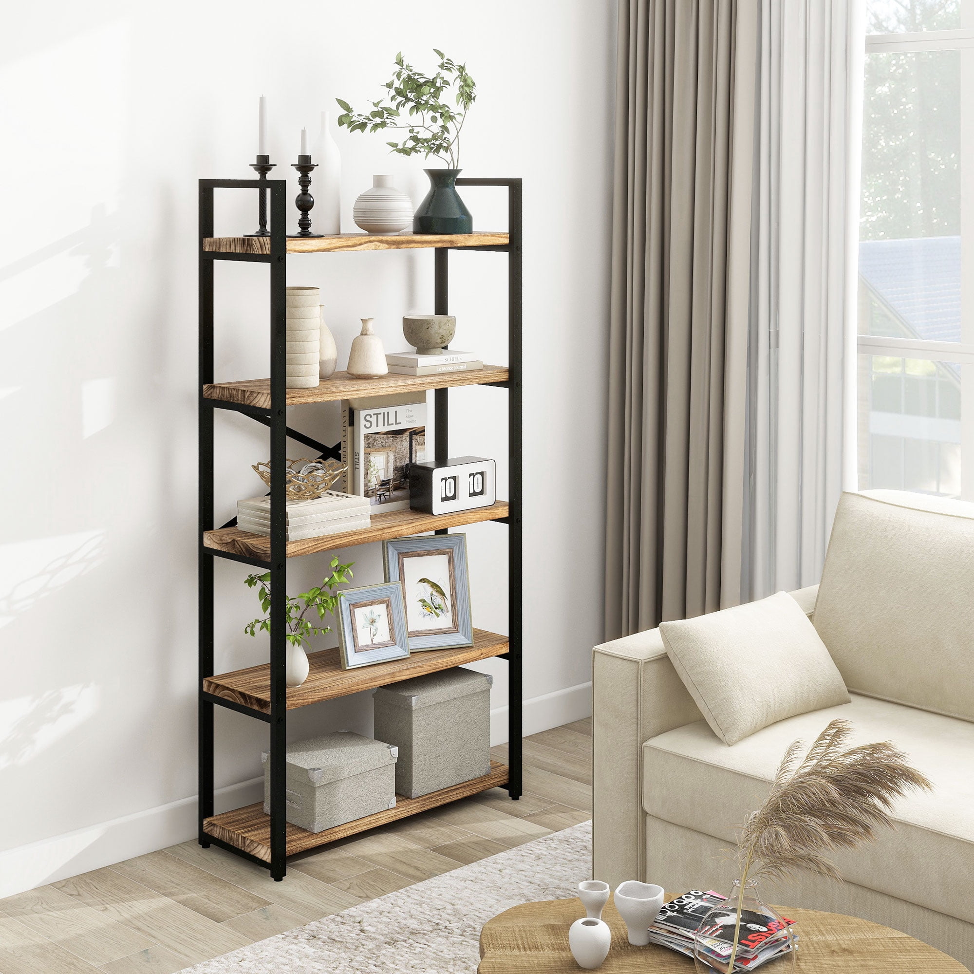 Acovy 5 Tier Solid Real Wood Bookshelf Rustic Industrial Style, Wooden