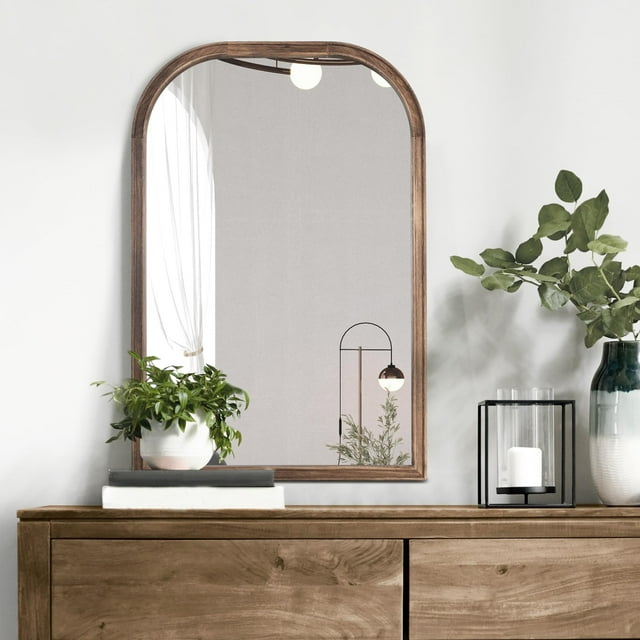 Acovy Solid Wood Arch Bathroom Mirror Tempered Glass, Rustic Wood Frame