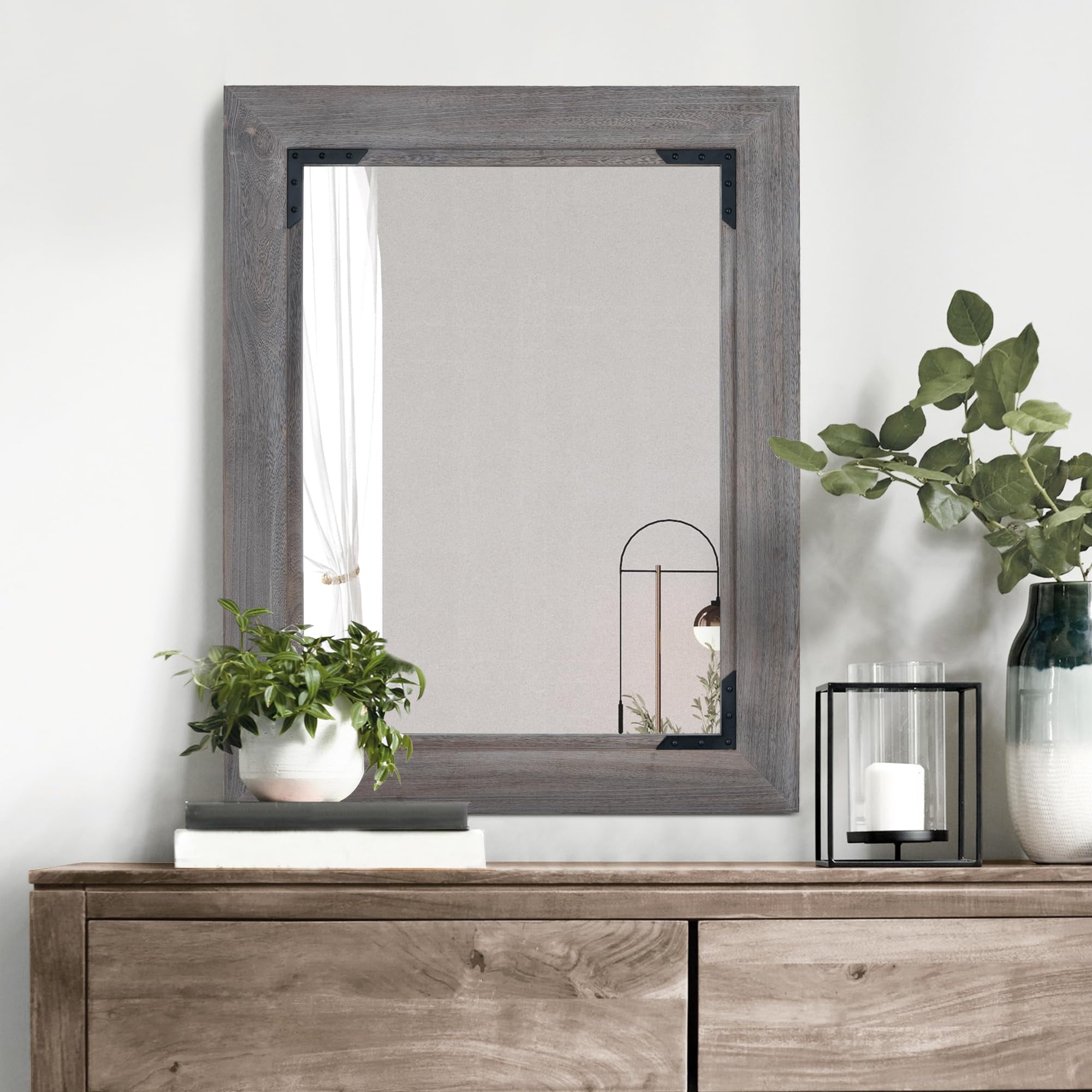 Acovy Solid Wood Rectangle Bathroom Mirror Tempered Glass, Rustic Wood