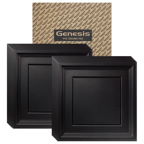 Genesis 2ft x 2ft Black Icon Coffer Ceiling Tiles - Easy Drop-in Installation - Waterproof, Washable and Fire-Rated - High-Grade PVC to Prevent Breakage - Package of 12 Tiles