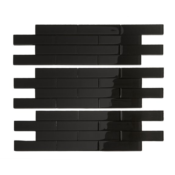 Aspect Peel and Stick Backsplash 12.5in x 4in Subway Ebony Matted Glass Tile for Kitchen and Bathrooms (3-Pack)