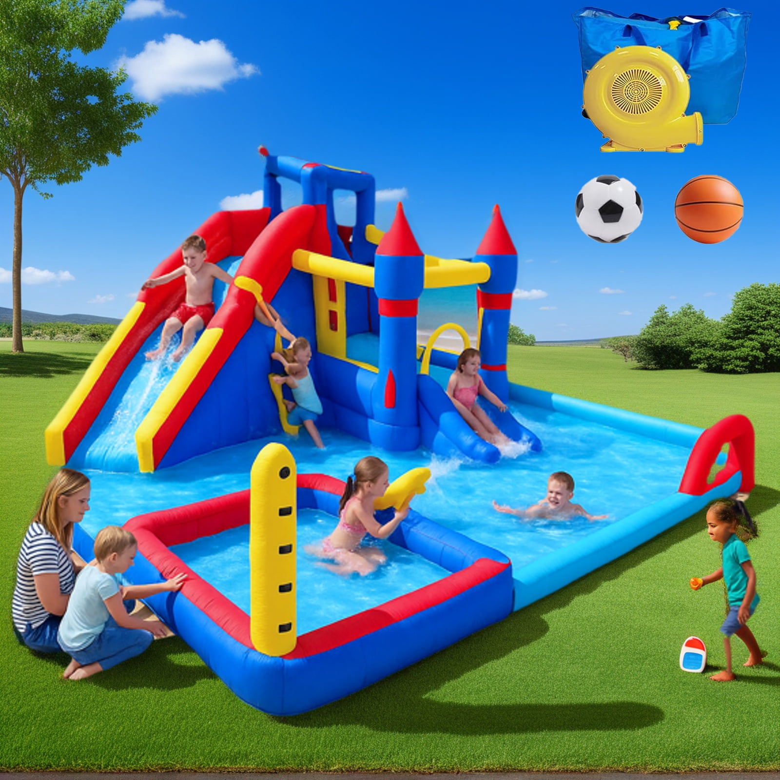 Acpouw 10 in1 Inflatable Water Slide for 3-12 Years, Bounce House with Climbing Wall, Ball Pool, Water Guns, Basketball Hoop, Soccer, Boxing Game, Indoor/Outdoor Kids Bouncy Castle with Blower