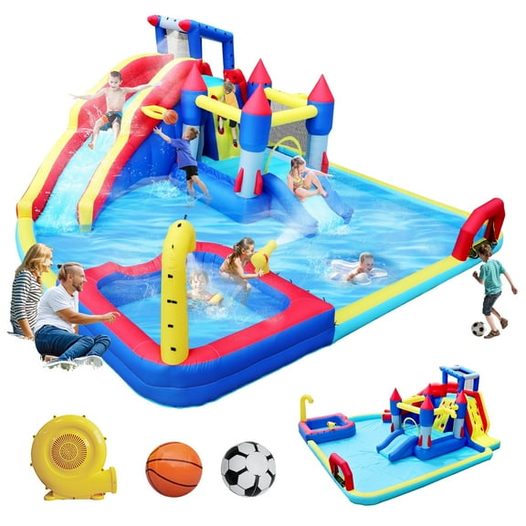 10 in1 Inflatable slide water park bouncing house garden with splash pool & water gun & basketball & climbing wall & dual pools & soccer