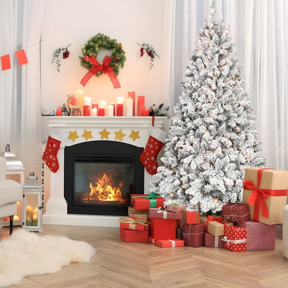 Acpouw 4.5FT Flocked Christmas Tree with 250 UL Lights and 24 Natural Pine Cones – Snowy PVC Tips, 498 Tips, Hinged Structure, Stable Metal Stand, Easy Setup