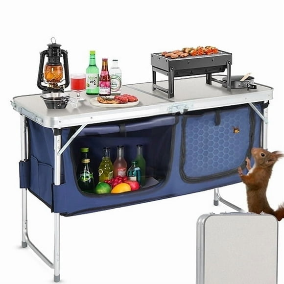 Acpouw 4 ft Folding Camping Table with Storage, Camping Kitchen Station, Aluminum Portable Folding Table Camp Cook Desk with Storage Organizer and 2 Adjustable feet, White