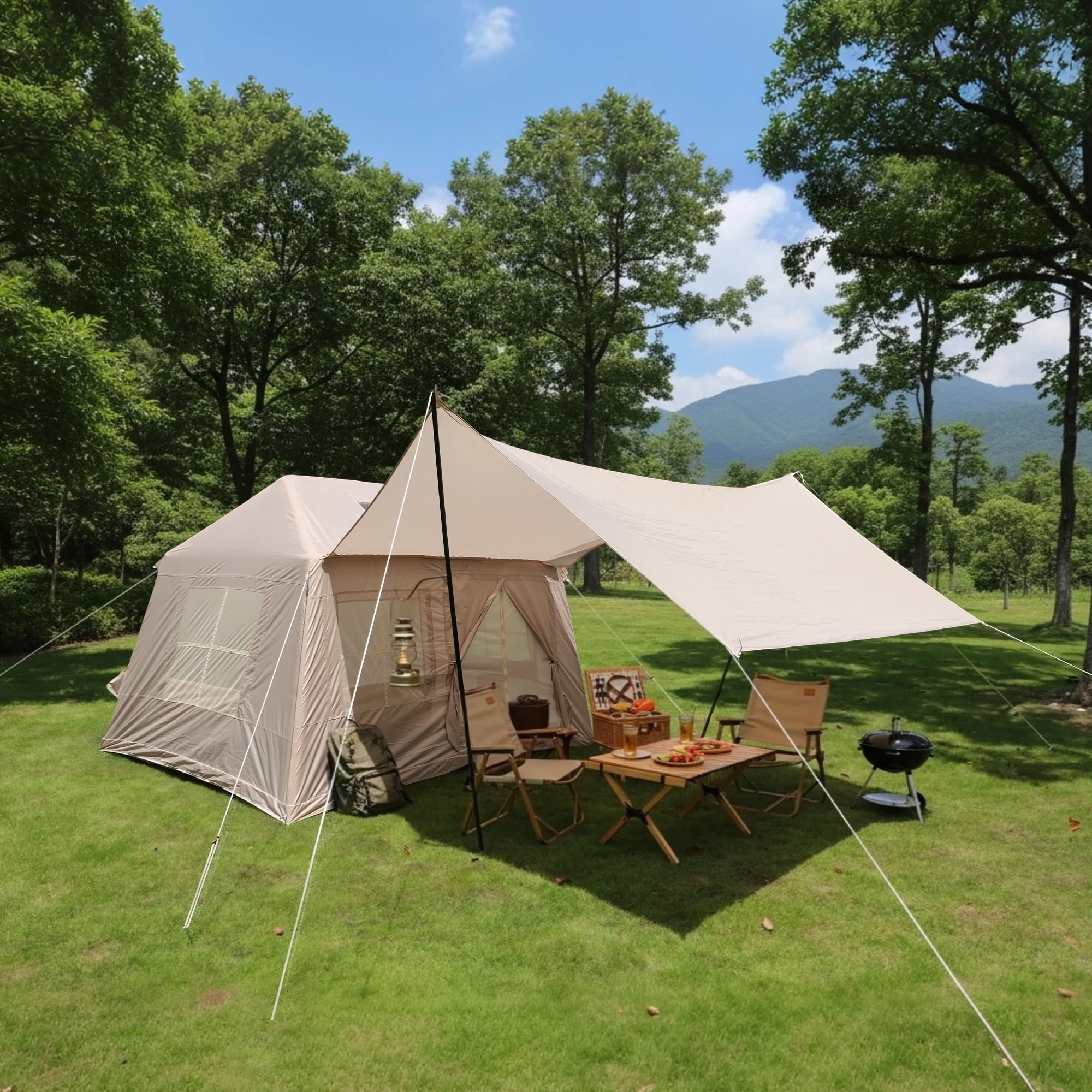 Acpouw 5.72m ² Inflatable Camping Tent, Glamping Tents Easy Setup 4 Season Windproof Outdoor Cotton Tent with Stove Jack & Mesh Windows & Pump