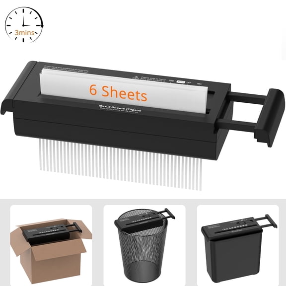 QUIETLEMON 6-Sheet Strip Cut Paper Shredder, Portable Mini Paper Shredder for Home Office, Compact Design with Auto-Off, No Basket, Extendable Arm, Black