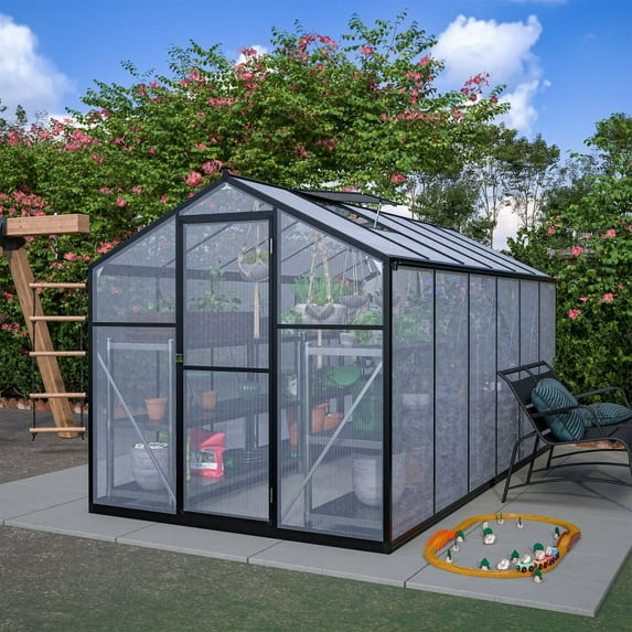 Acpouw 6' x 12' Thicked Polycarbonate Greenhouse, Greenhouse with Double Flush Door, Rain Gutter and Ventilation Window, Green House for Sunroom, Garden, Backyard, Walk-in Large Winter Greenhouse