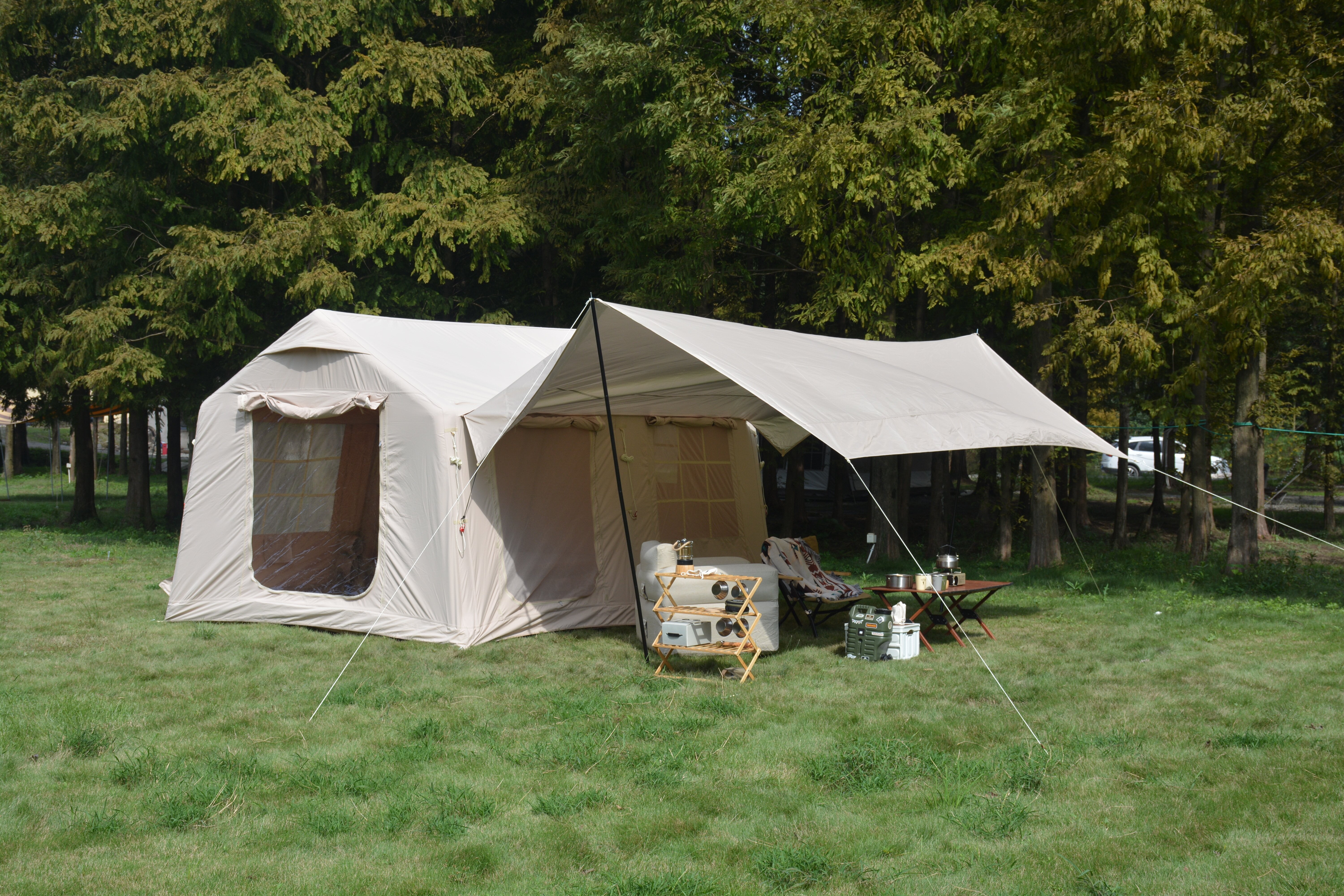 Acpouw 9.8 x13ft with canopy, Inflatable Camping Tents with Hand Pump, Air Glamping Tents, Easy Setup Waterproof and Windproof Blow up Tent Beige
