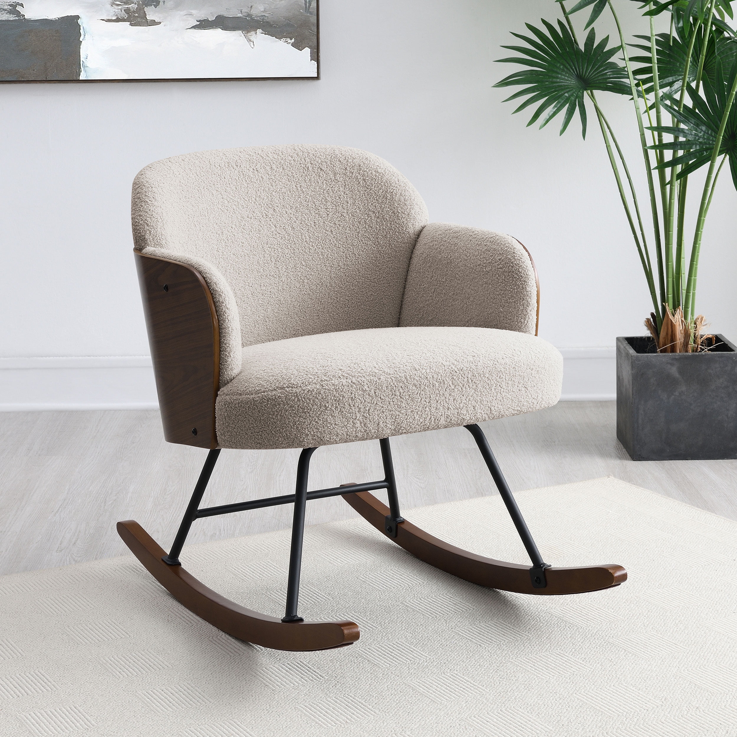 Acpouw Beige Boucle Upholstered Rocking Chair with Walnut Bentwood Frame, Metal Legs, Wooden Rockers, Smooth Motion, 31"H x 27"W x 35.25"D Accent Nursery Rocker