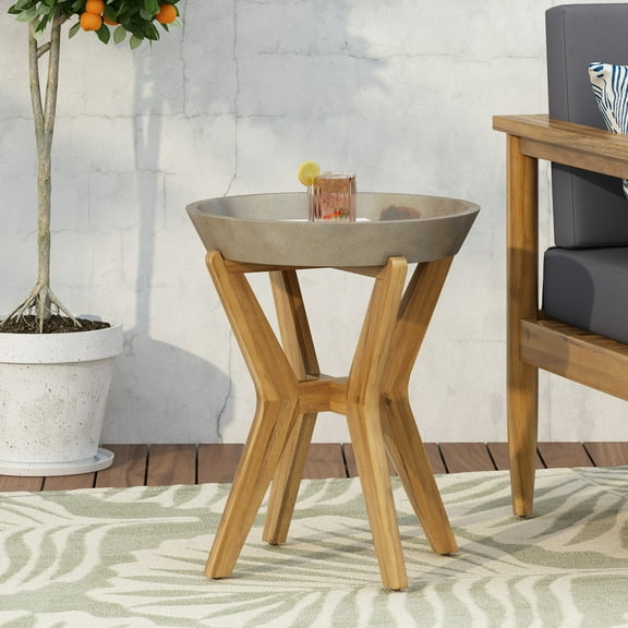 Acpouw Outdoor Concrete & Acacia Wood Side Table, Modern Patio Accent Table for Garden & Balcony