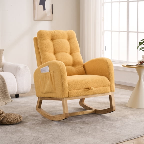 Acpouw Upholstered Rocking Chair with Solid Wood Base, High Backrest and Side Storage Pocket, Indoor Nursery Rocker with Footrest