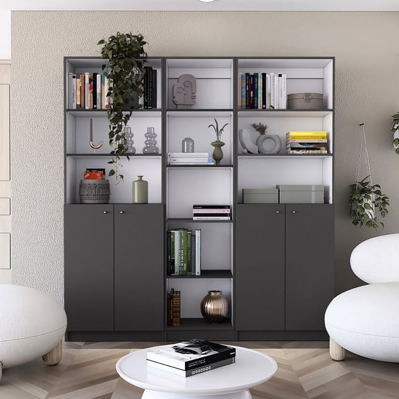 Acres Home 3 Piece Bookcase Arrangement, 67" Wide, 11 Shelves, Two Double-door Cabinets, Matt Gray/white, Modern Style For Home, Discreet Storage Box 3 , 66.51" Wide With Shelves And 2 Unwavering