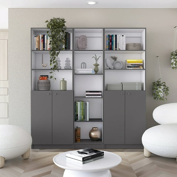 Acres Home Bookcase Compilation, 67" Wide, 11 Shelves, Two Double-door Cabinets, Matt Gray/white, Modern Office & Home, Discreet Storage Solution Wide With Shelves Living Decor,