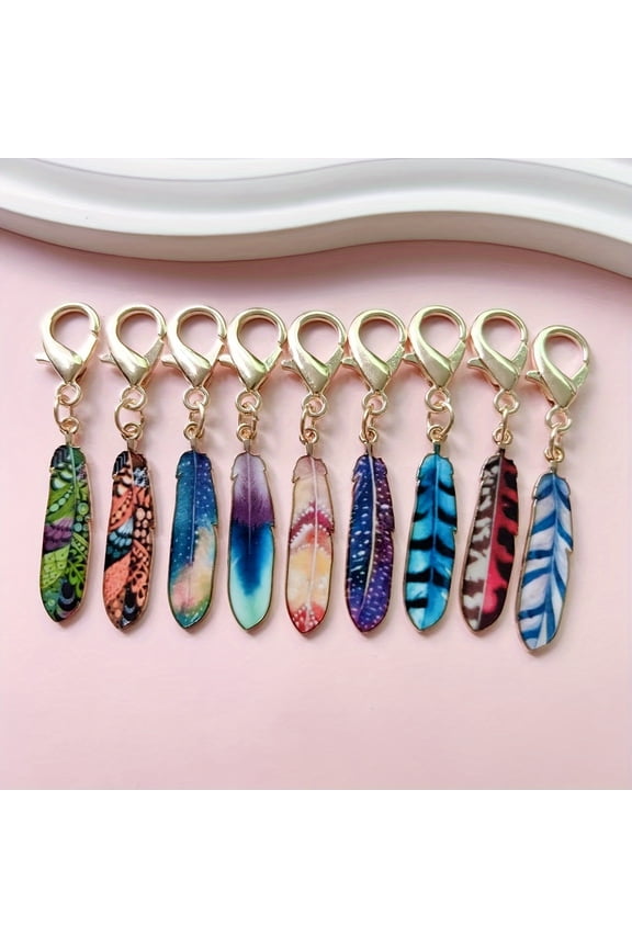 Colorful Alloy Feather Keychain Lobster Clasp Set 9-Pack