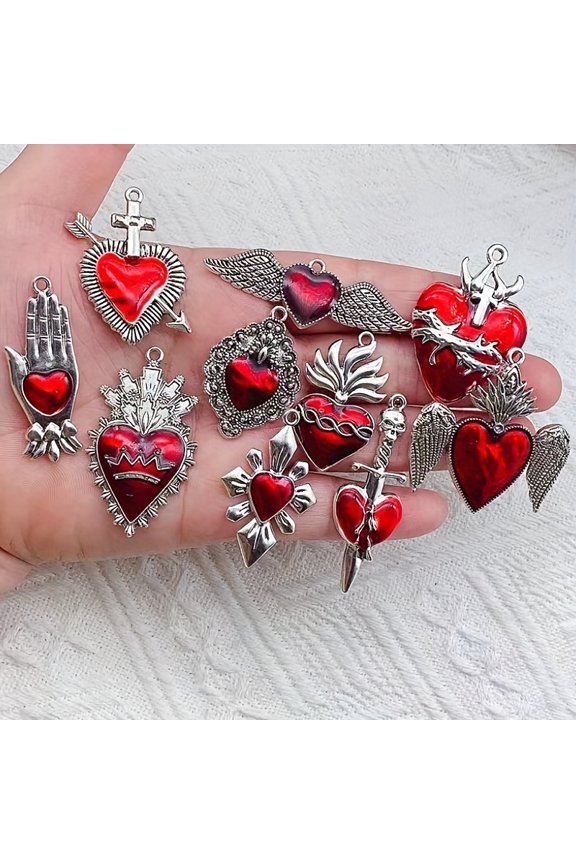 Steampunk Sacred Heart Flaming Cross Charms, Antique Red/Coral, 10 Pack