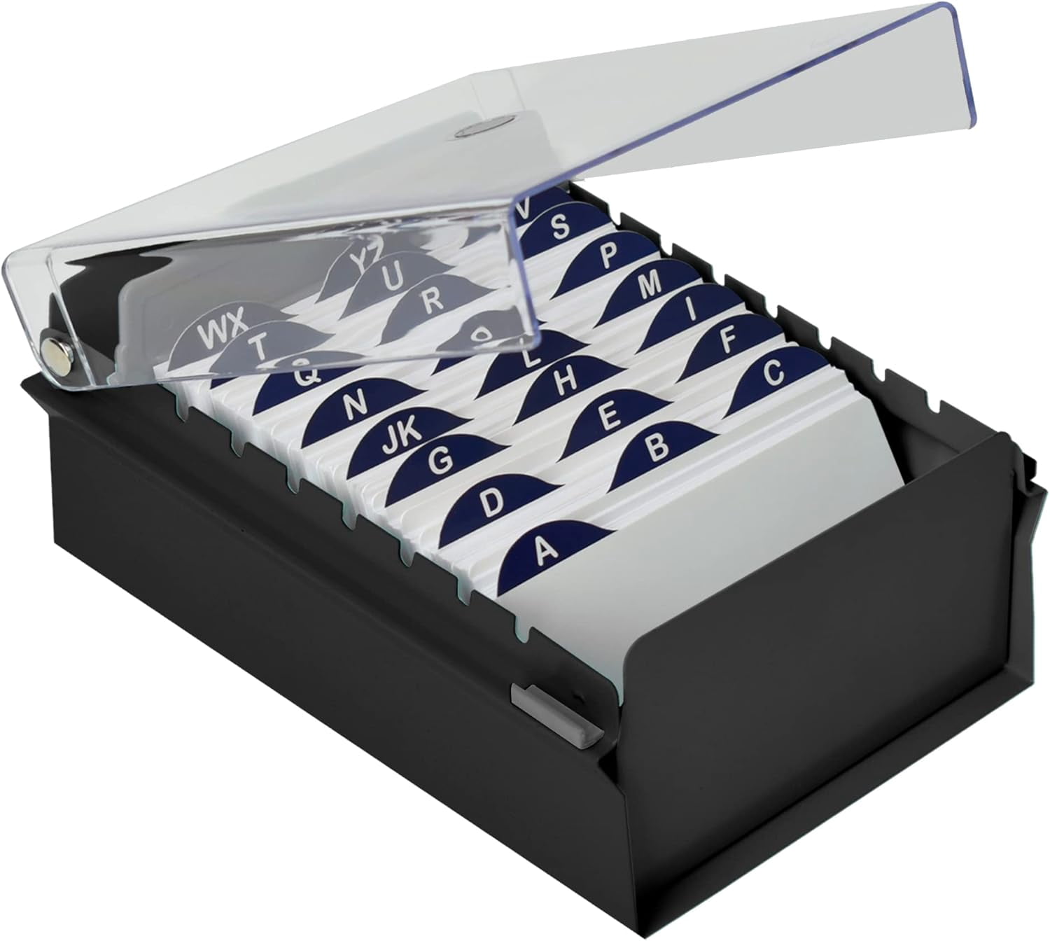 Acrimet 3 x 5 Card File Holder Organizer Box Metal Base Heavy Duty (AZ Index Cards and Divider Included) (Black Color with Clear Crystal Plastic Lid Cover)