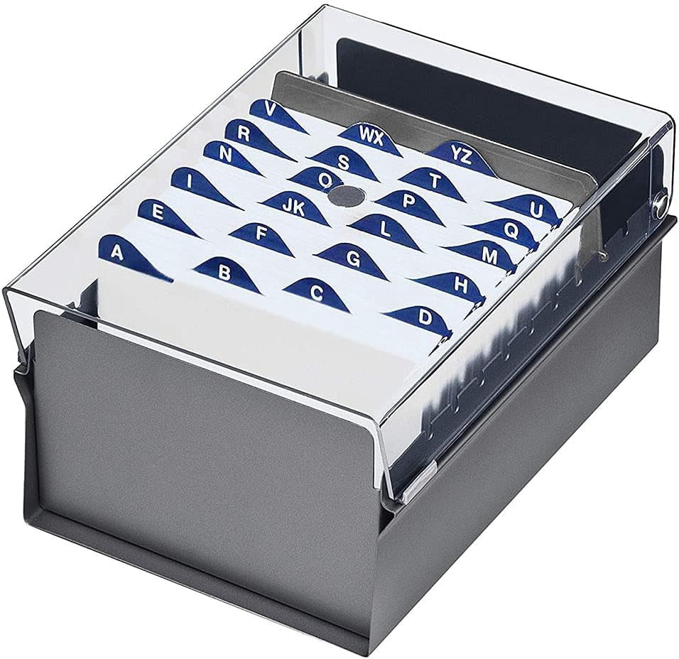 Acrimet 4 x 6 Card File Holder Organizer Box Metal Base Heavy Duty (AZ Index Cards and Divider Included) (Gray Color with Clear Crystal Plastic Lid Cover)