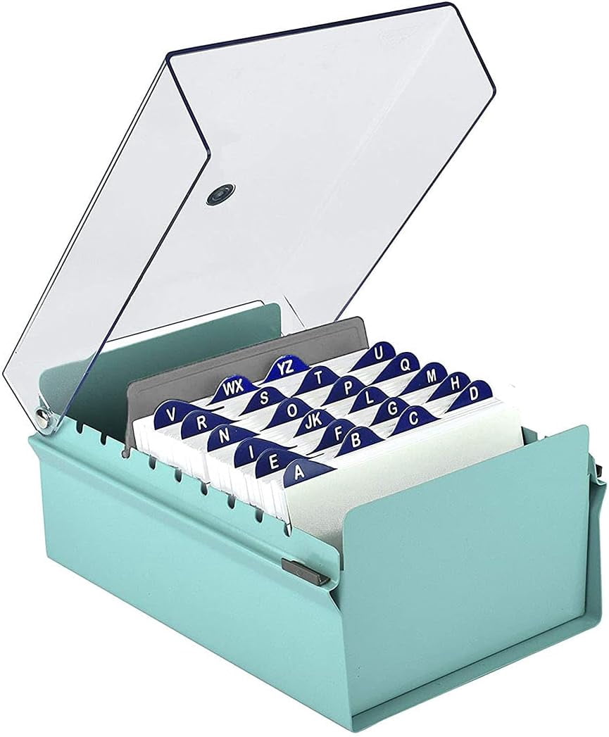 Acrimet 4 x 6 Card File Holder Organizer Box Metal Base Heavy Duty (AZ Index Cards and Divider Included) (Green Color with Clear Crystal Plastic Lid Cover)