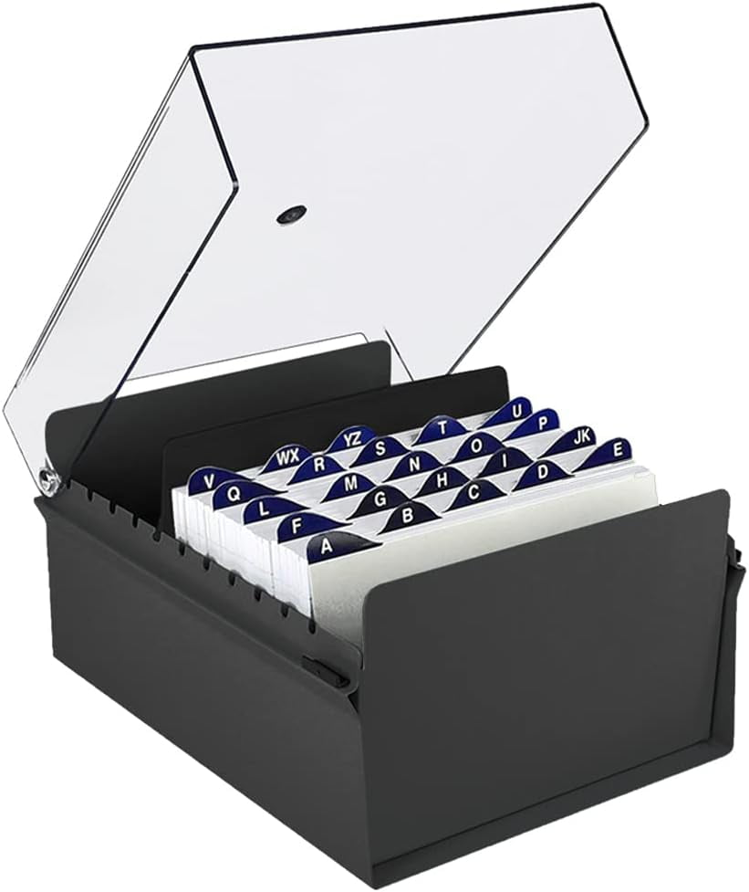 Acrimet 5 X 8 Card File Holder Organizer Box Metal Base Heavy Duty (AZ Index Cards and Divider Included) (Black Color with Clear Crystal Plastic Lid Cover)