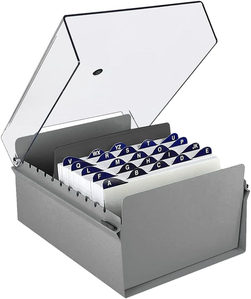 Acrimet 5 X 8 Card File Holder Organizer Box Metal Base Heavy Duty (AZ Index Cards and Divider Included) (Gray Color with Clear Crystal Plastic Lid Cover)