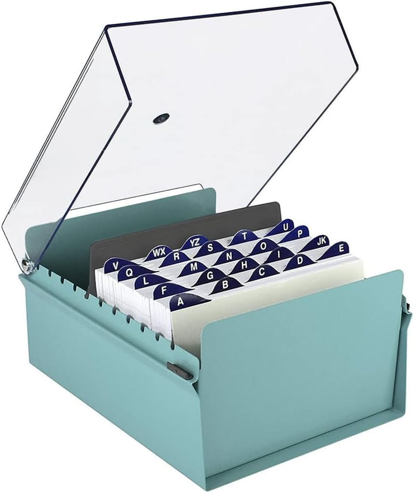 Acrimet 5 X 8 Card File Holder Organizer Box Metal Base Heavy Duty (AZ Index Cards and Divider Included) (Green Color with Clear Crystal Plastic Lid Cover)