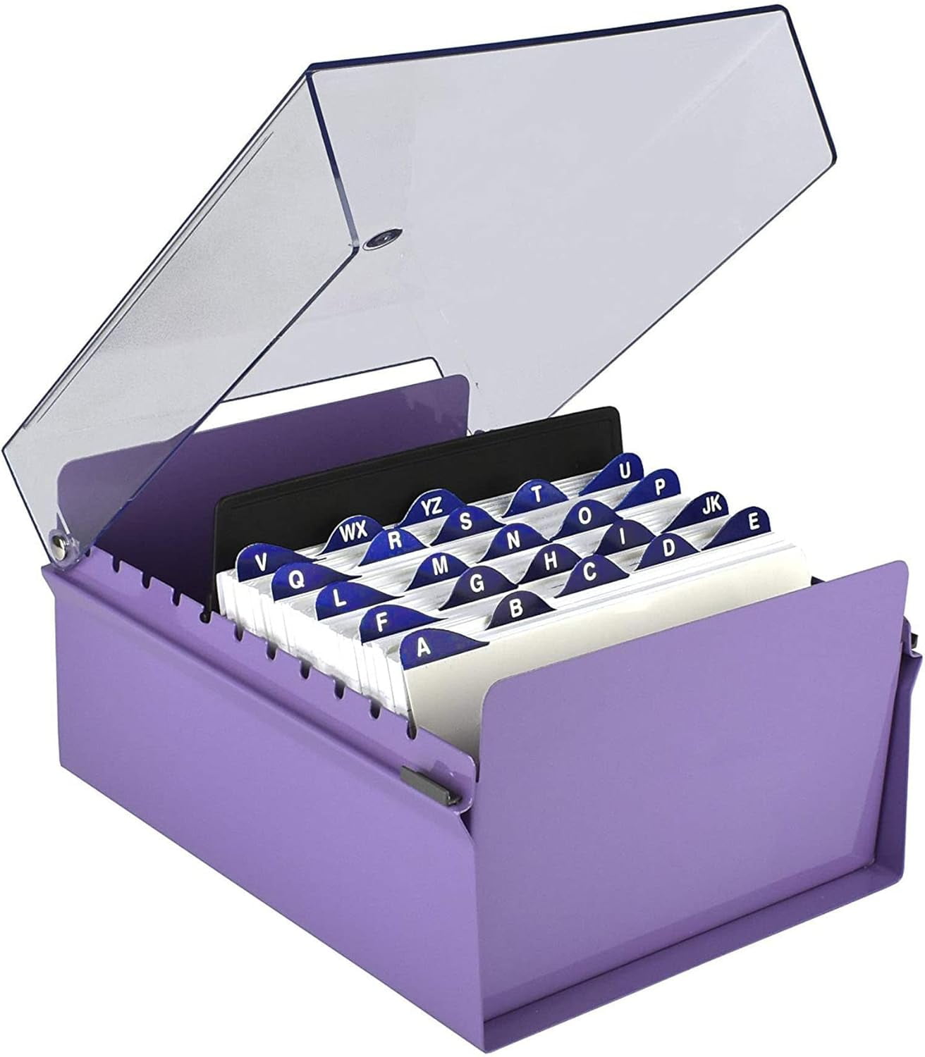 Acrimet 5 X 8 Card File Holder Organizer Box Metal Base Heavy Duty (AZ Index Cards and Divider Included) (Purple Color with Clear Crystal Plastic Lid Cover)