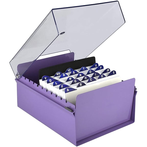 Acrimet 5 X 8 Card File Holder Organizer Box Metal Base Heavy Duty (AZ Index Cards and Divider Included) (Purple Color with Clear Crystal Plastic Lid Cover)