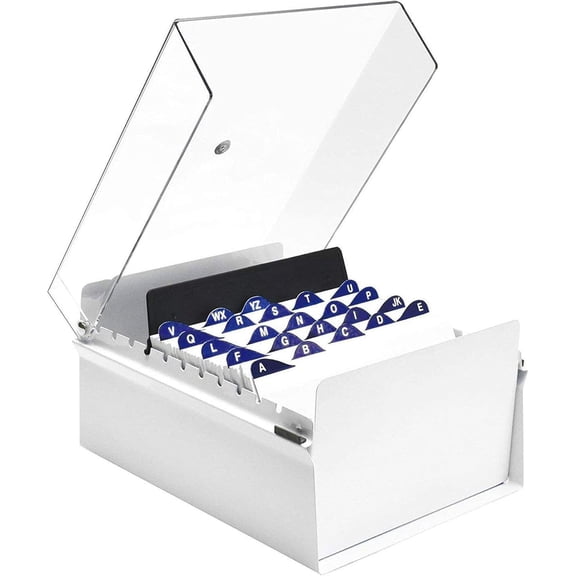 Acrimet 5 X 8 Card File Holder Organizer Box Metal Base Heavy Duty (AZ Index Cards and Divider Included) (White Color with Clear Crystal Plastic Lid Cover)