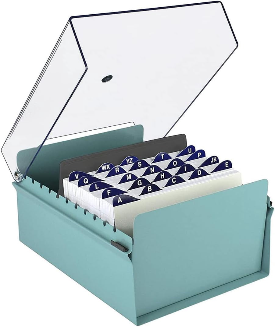 Acrimet 6 x 9 Card File Holder Organizer Box Metal Base Heavy Duty (AZ Index Cards and Divider Included) (Green Color with Crystal Plastic Lid Cover)